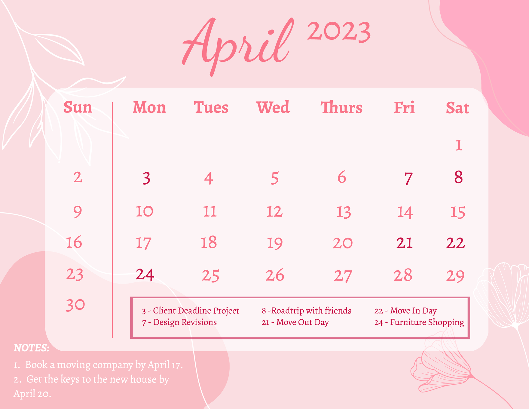 Pink April 2023 Calendar in PSD, Illustrator, Pages, Word, Google Docs - Download | Template.net