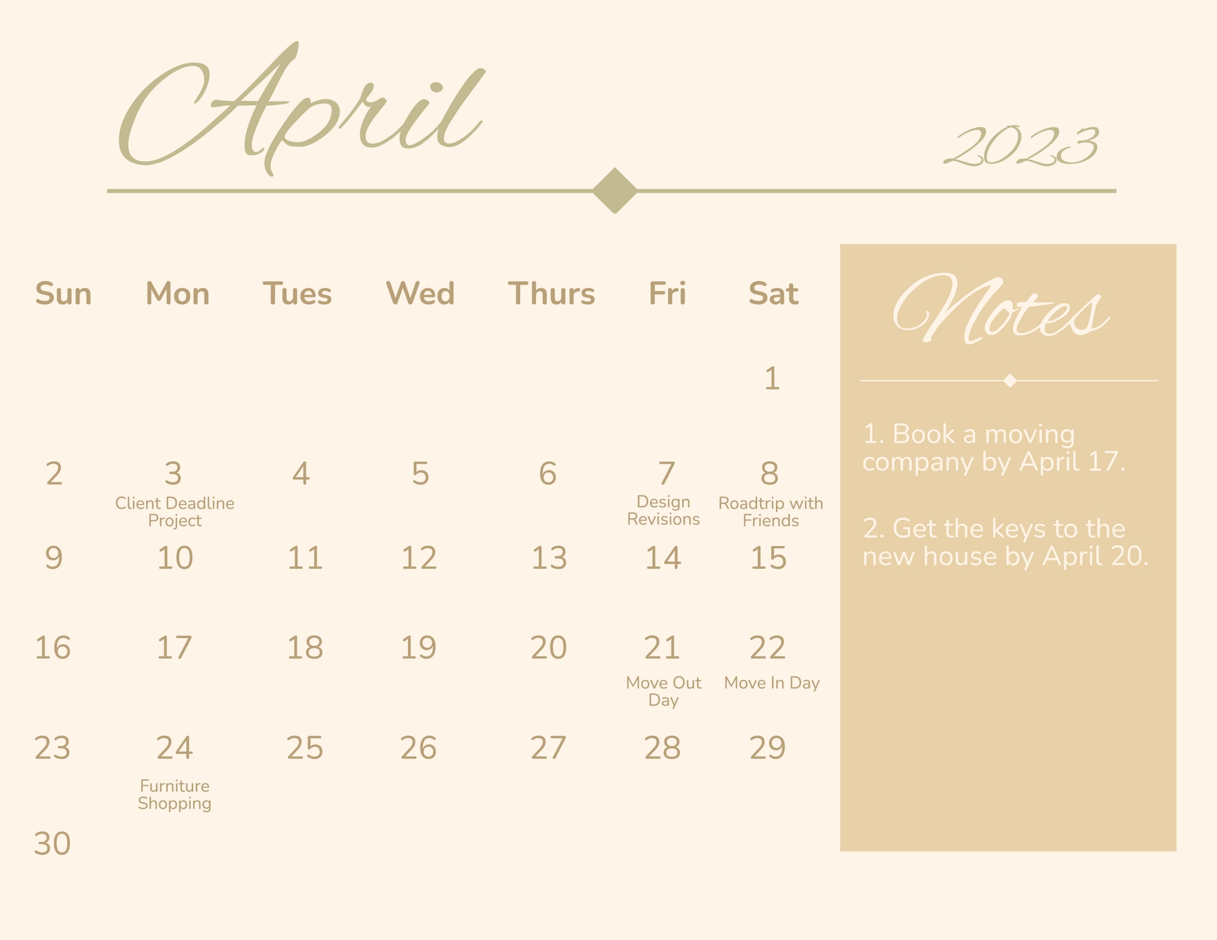 Calligraphy April 2023 Calendar in Word, Google Docs, Illustrator, PSD, Apple Pages