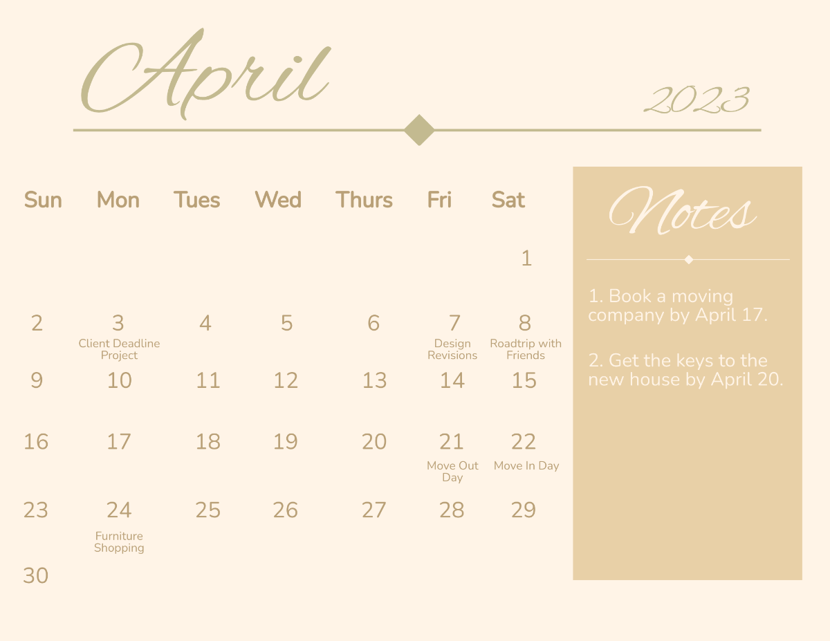 Calligraphy April 2023 Calendar Template