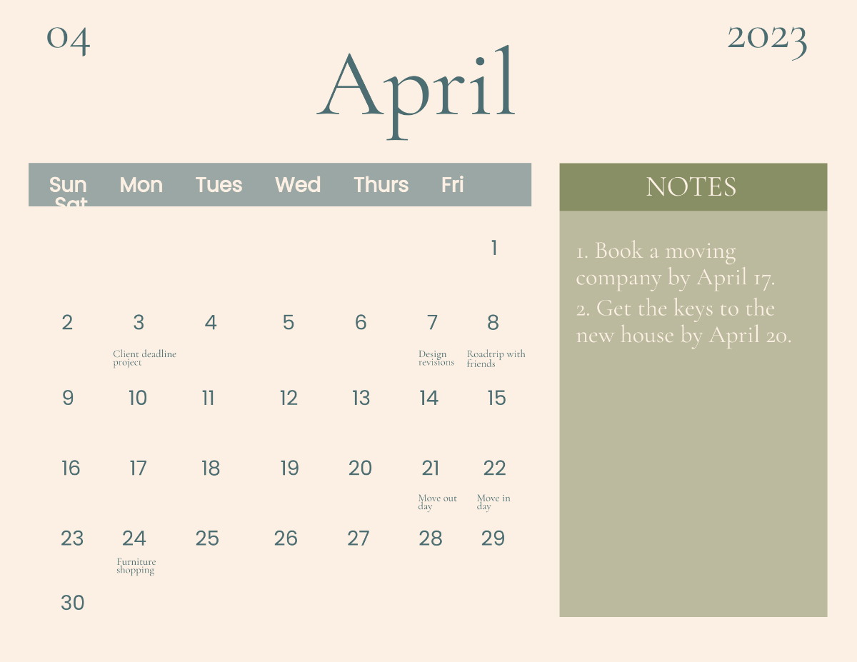 Printable April 2023 Monthly Calendar Template