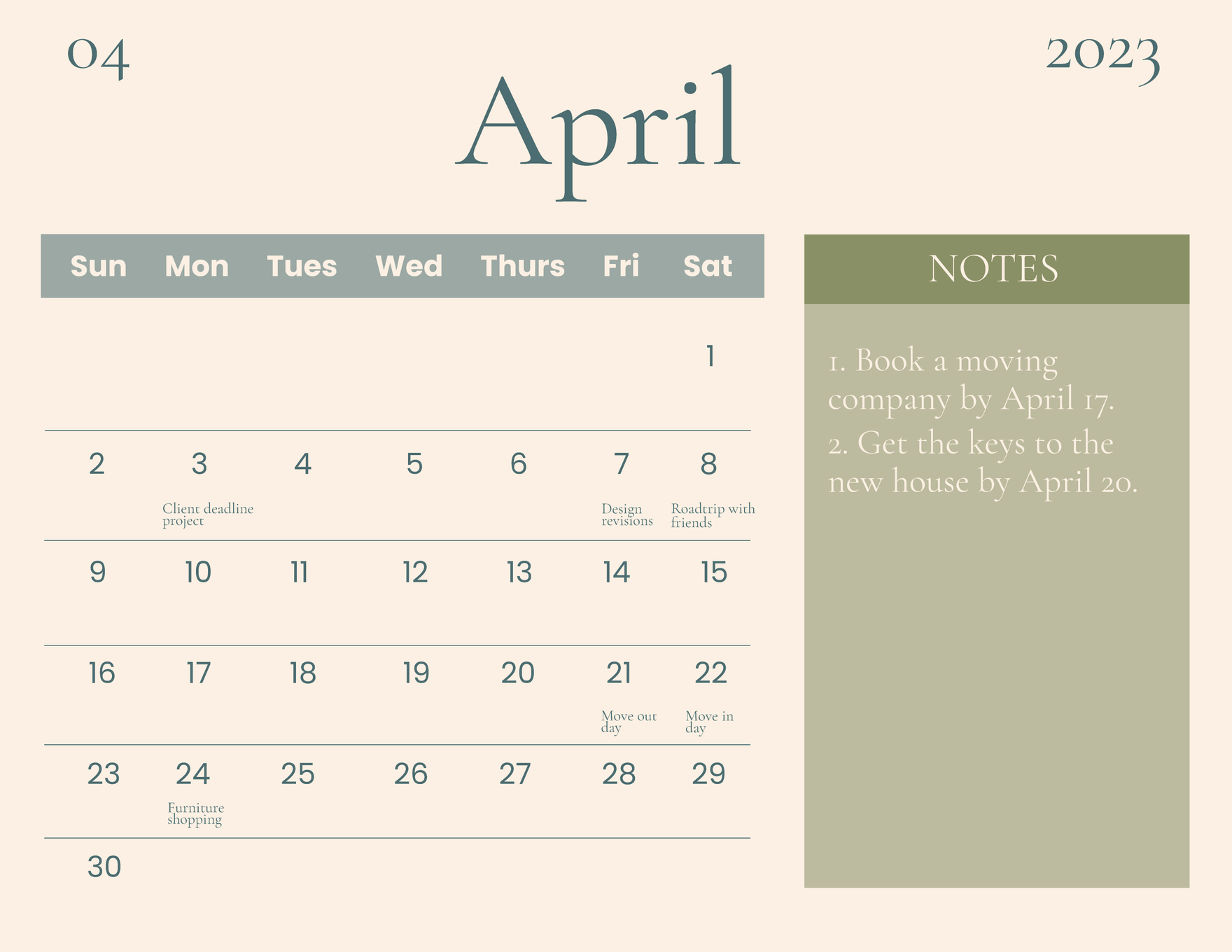 Printable April 2023 Monthly Calendar Template