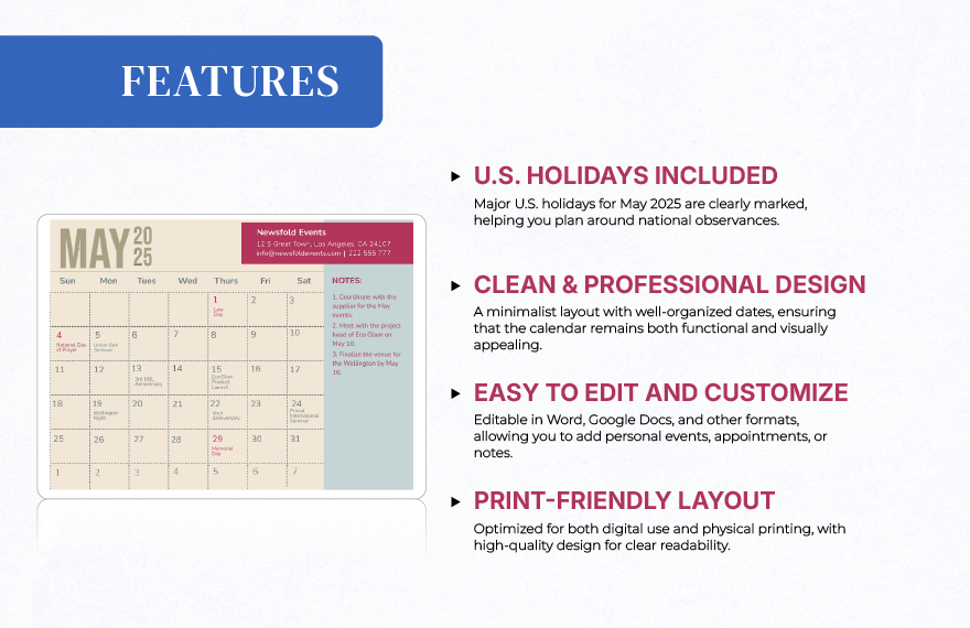 May 2025 Calendar Template With Holidays