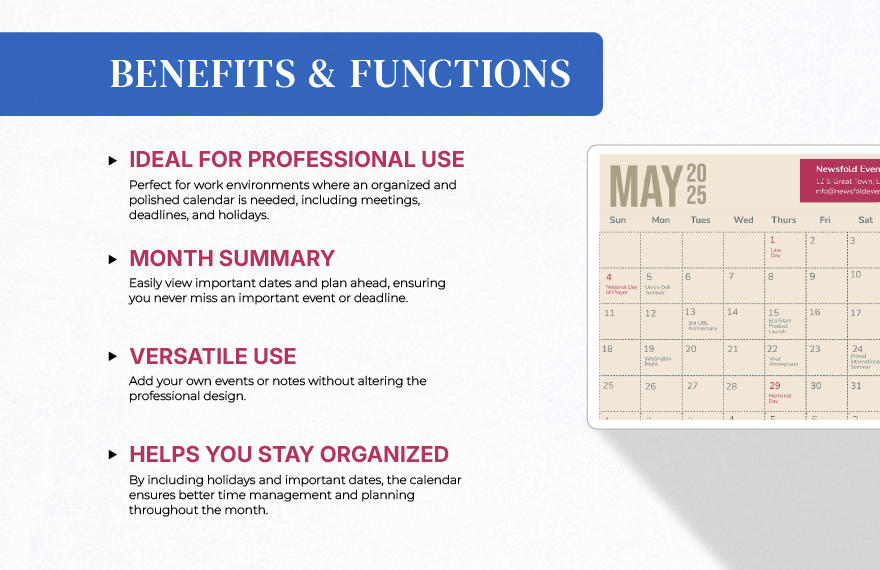 May 2025 Calendar Template With Holidays