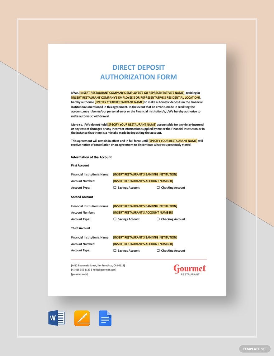 Restaurant Direct Deposit Authorization Form Template