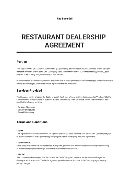 Restaurant Dealership Agreement Template Google Docs Word Apple 