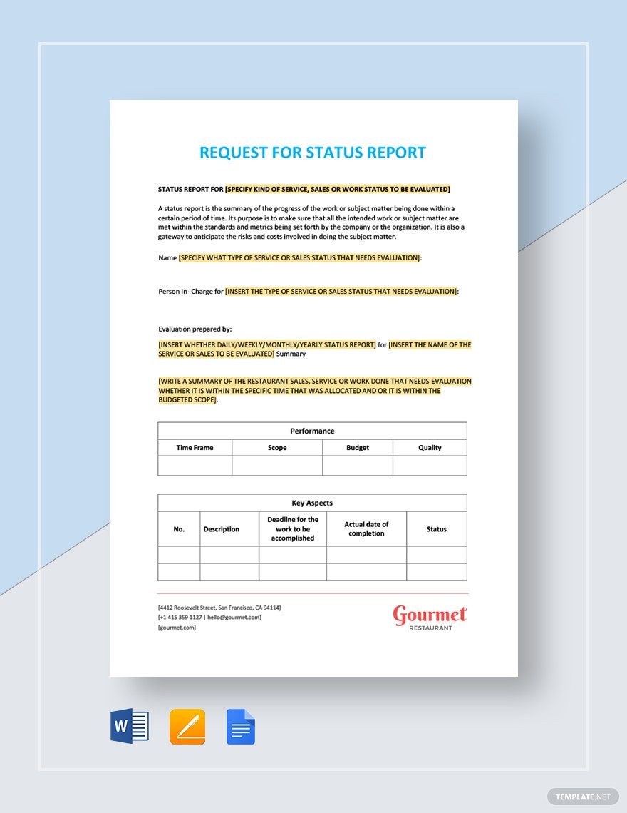Free Restaurant Request for Status Report Template