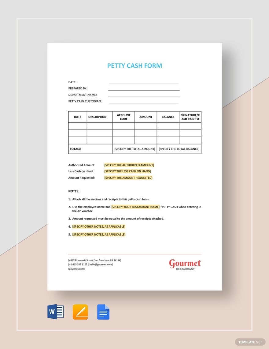 Restaurant Petty Cash Form Template in Word, Google Docs, Apple Pages