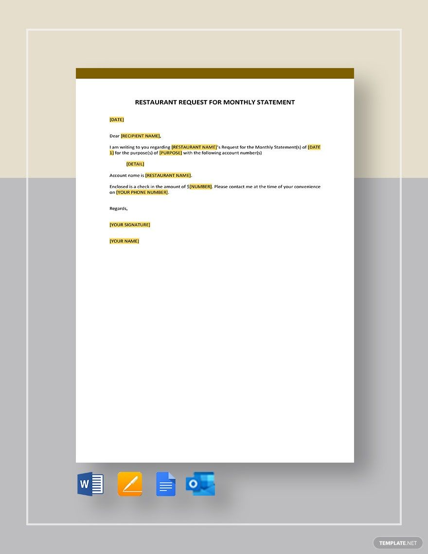 Restaurant Request for Monthly Statement Template