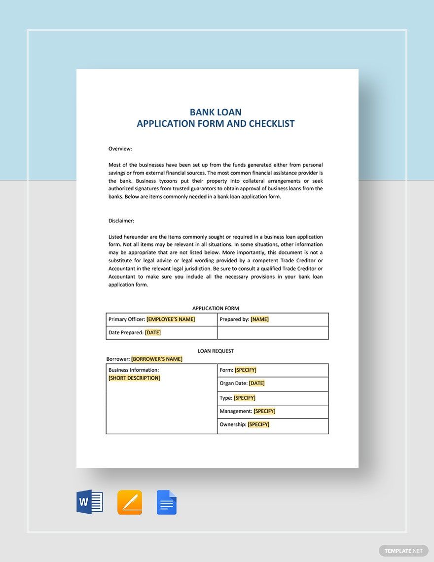 Bank Loan Application Form and Checklist for Restaurant Template