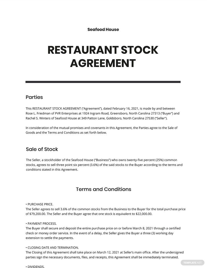Restaurant Stock Agreement Template