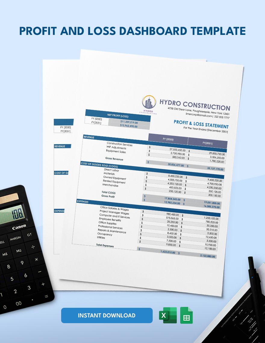 Profit And Loss Dashboard Excel Template Free Download