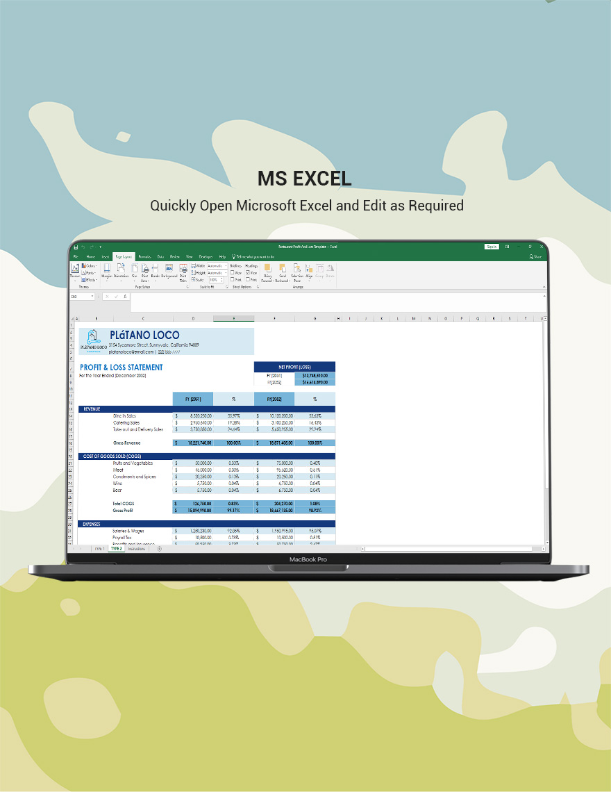 Restaurant Profit And Loss Template Google Sheets, Excel, PSD