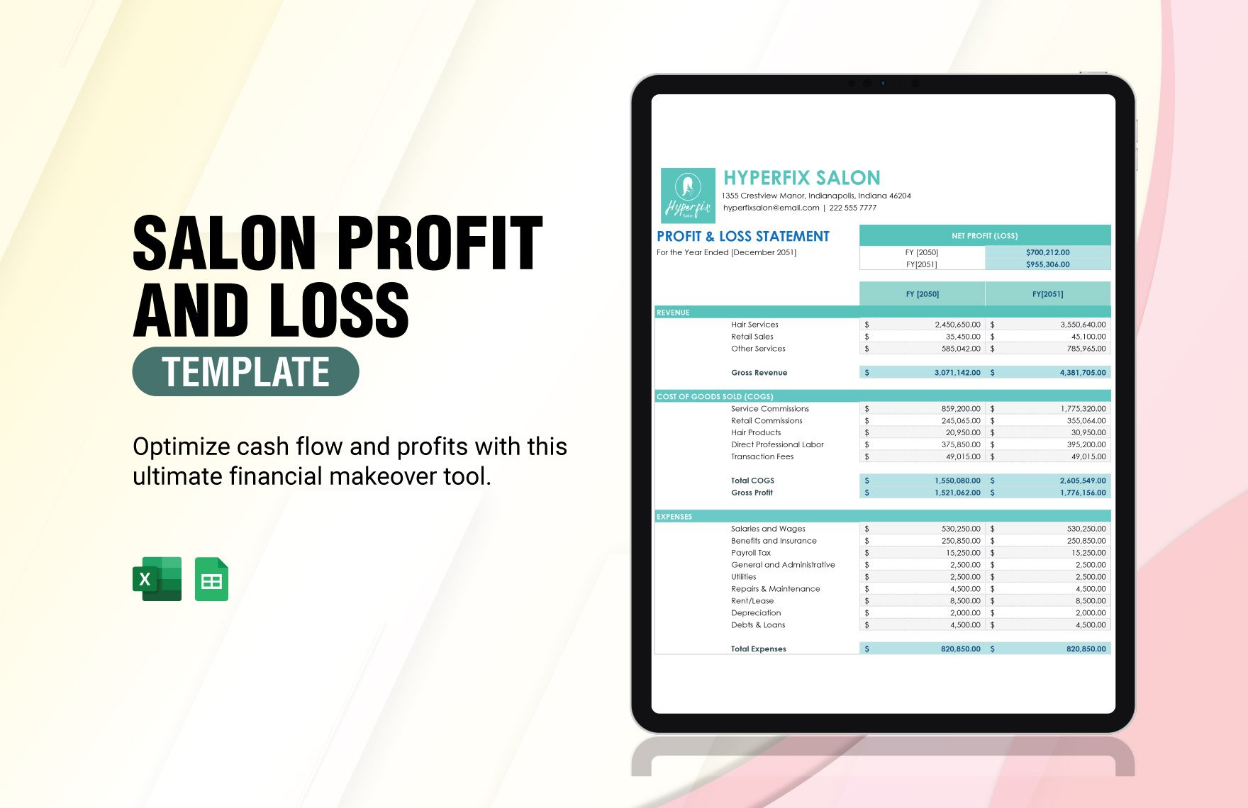 Salon Profit And Loss Template in Excel, Google Sheets