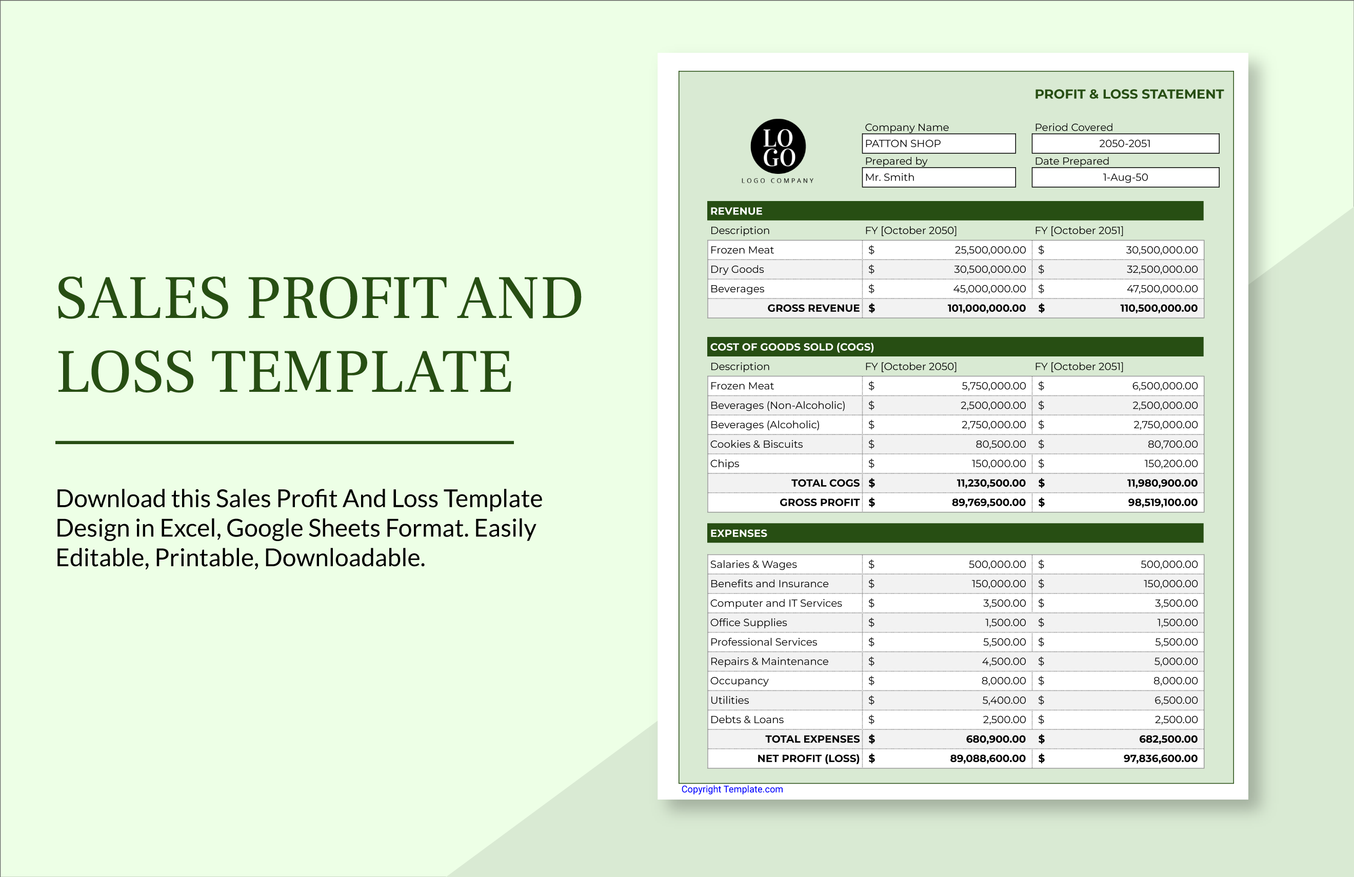 Sales Profit And Loss Template Google Sheets, Excel