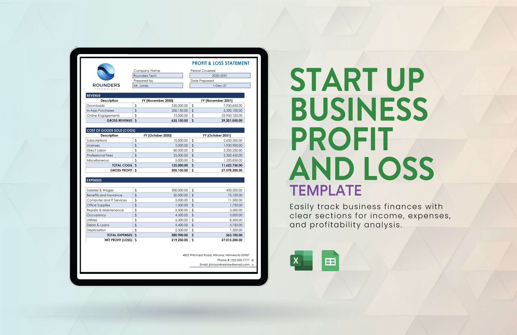Free Start Up Business Profit And Loss Template