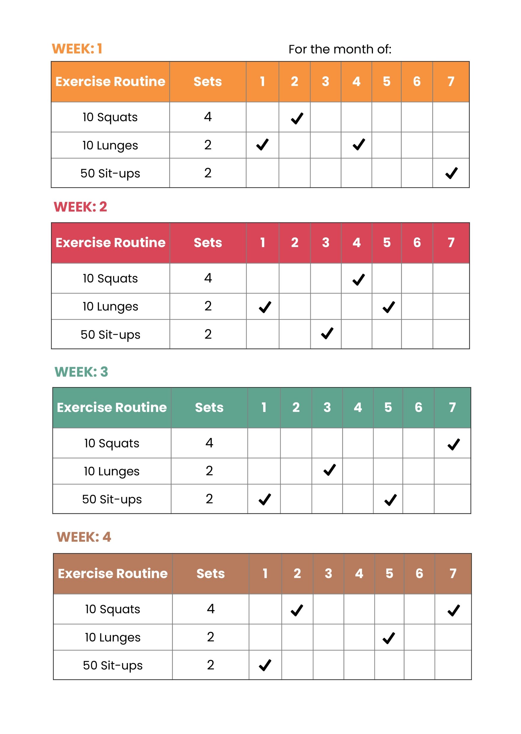 Free Daily Exercise And Habit Tracker Color Chart