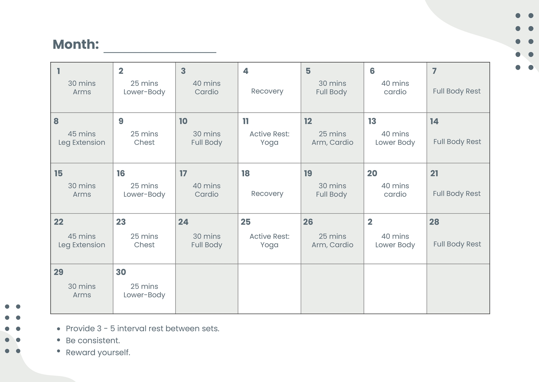 Monthly Workout Chart In Illustrator PDF Download Template