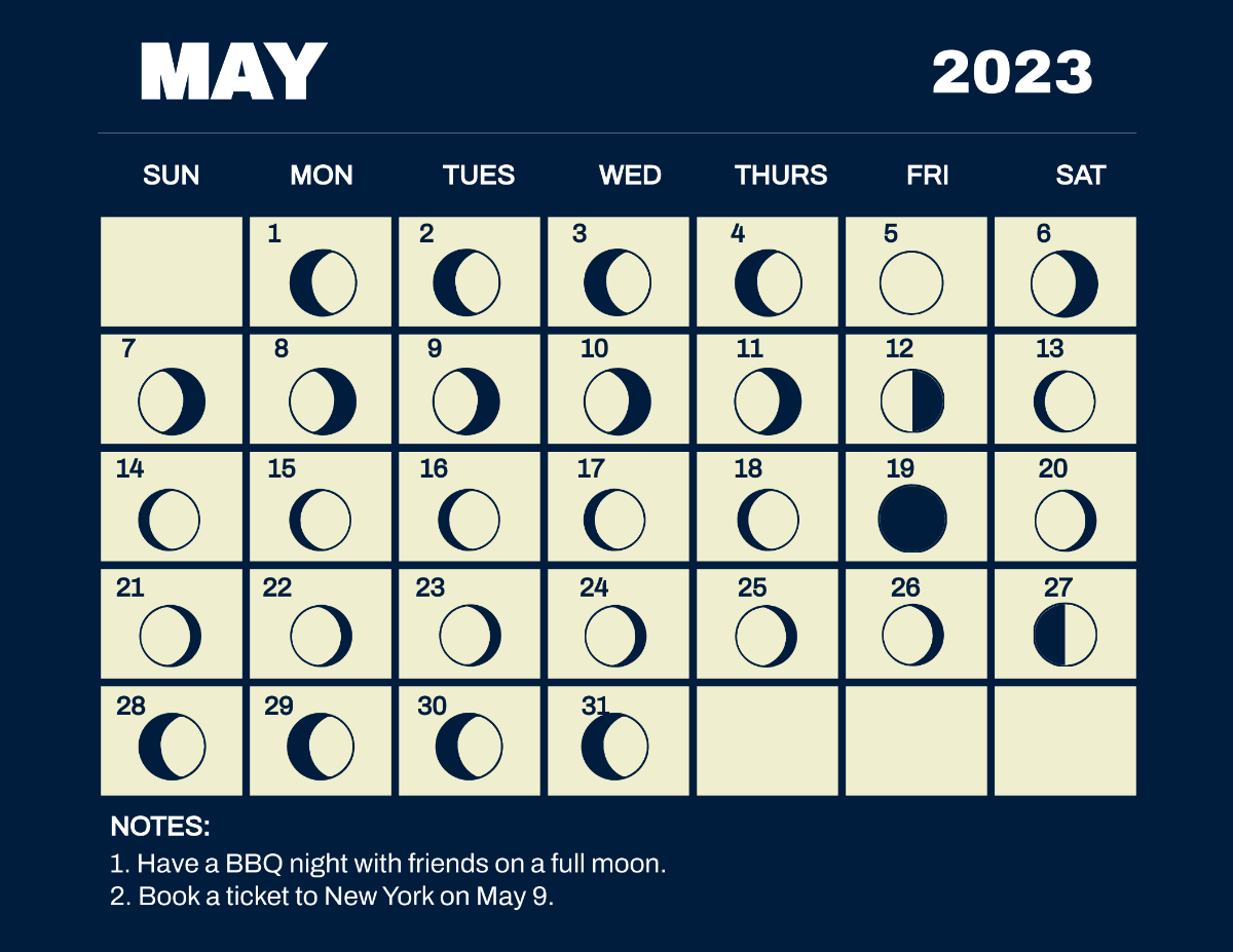 May 2023 Calendar With Moon Phases Template