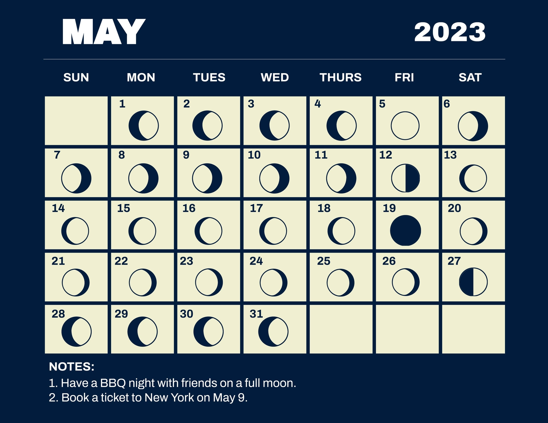 May 2023 Calendar Template With Moon Phases Google Docs Illustrator 