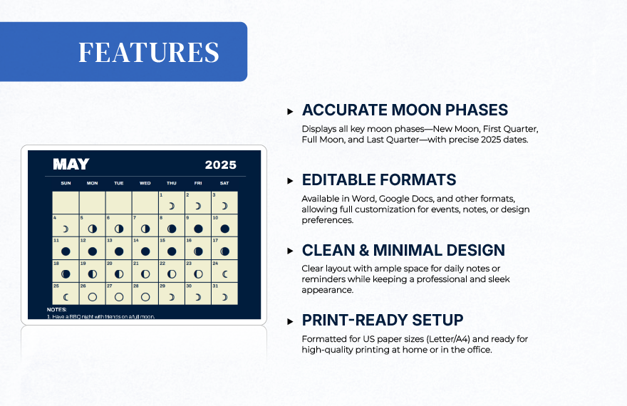 May 2025 Calendar Template With Moon Phases