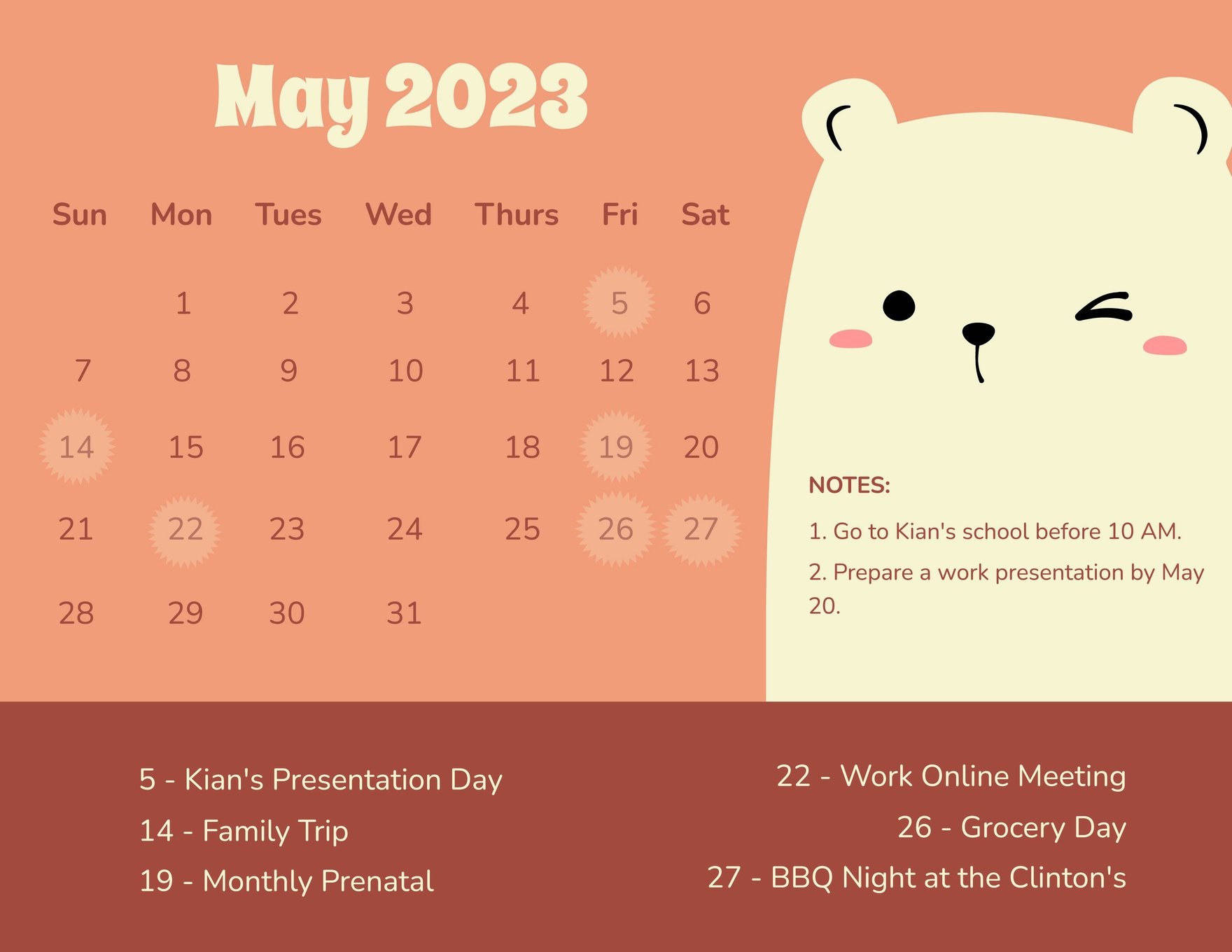 Cute May 2023 Calendar Template