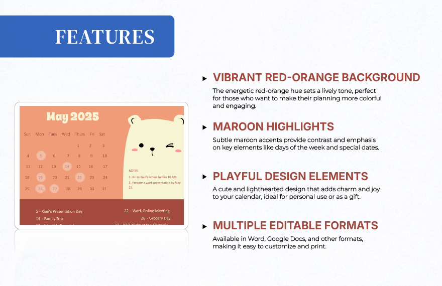 Cute May 2025 Calendar Template