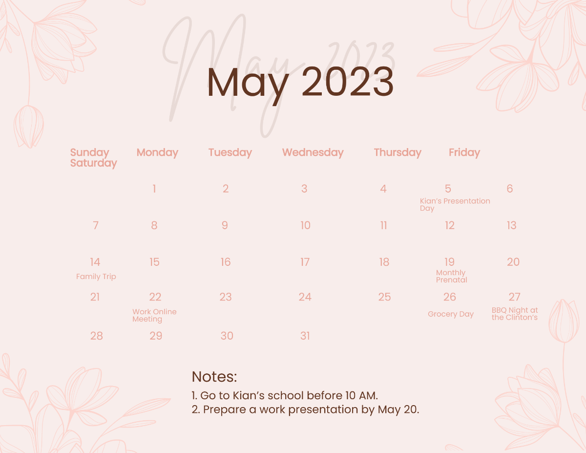 Floral May 2023 Calendar Template