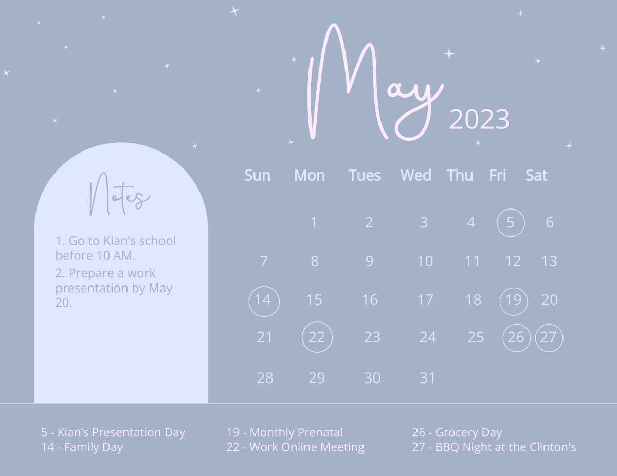 Pretty May 2023 Calendar Template