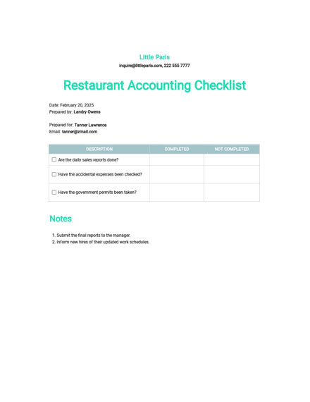 Restaurant Accounting Checklist Template Google Docs Word Apple