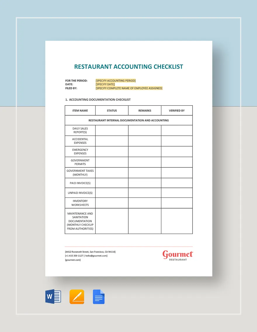 Restaurant Accounting Checklist Template