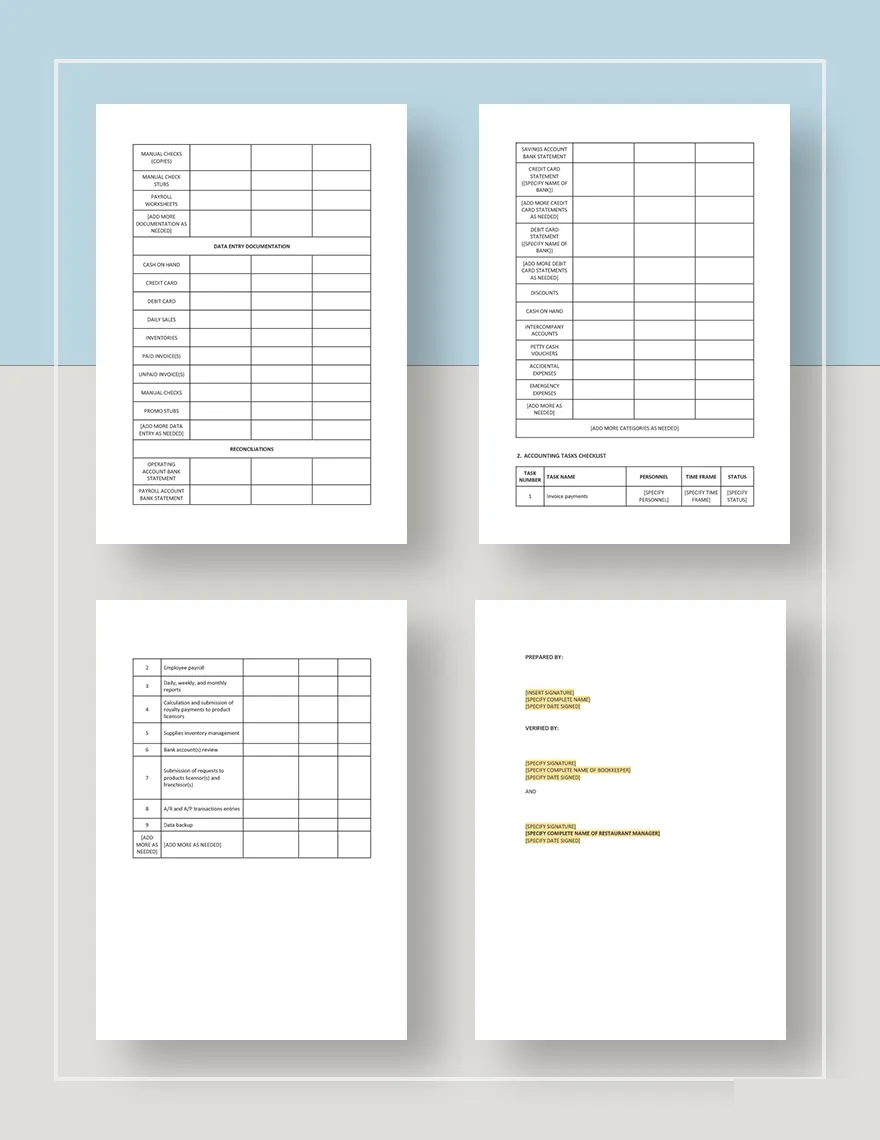 Restaurant Accounting Checklist Template