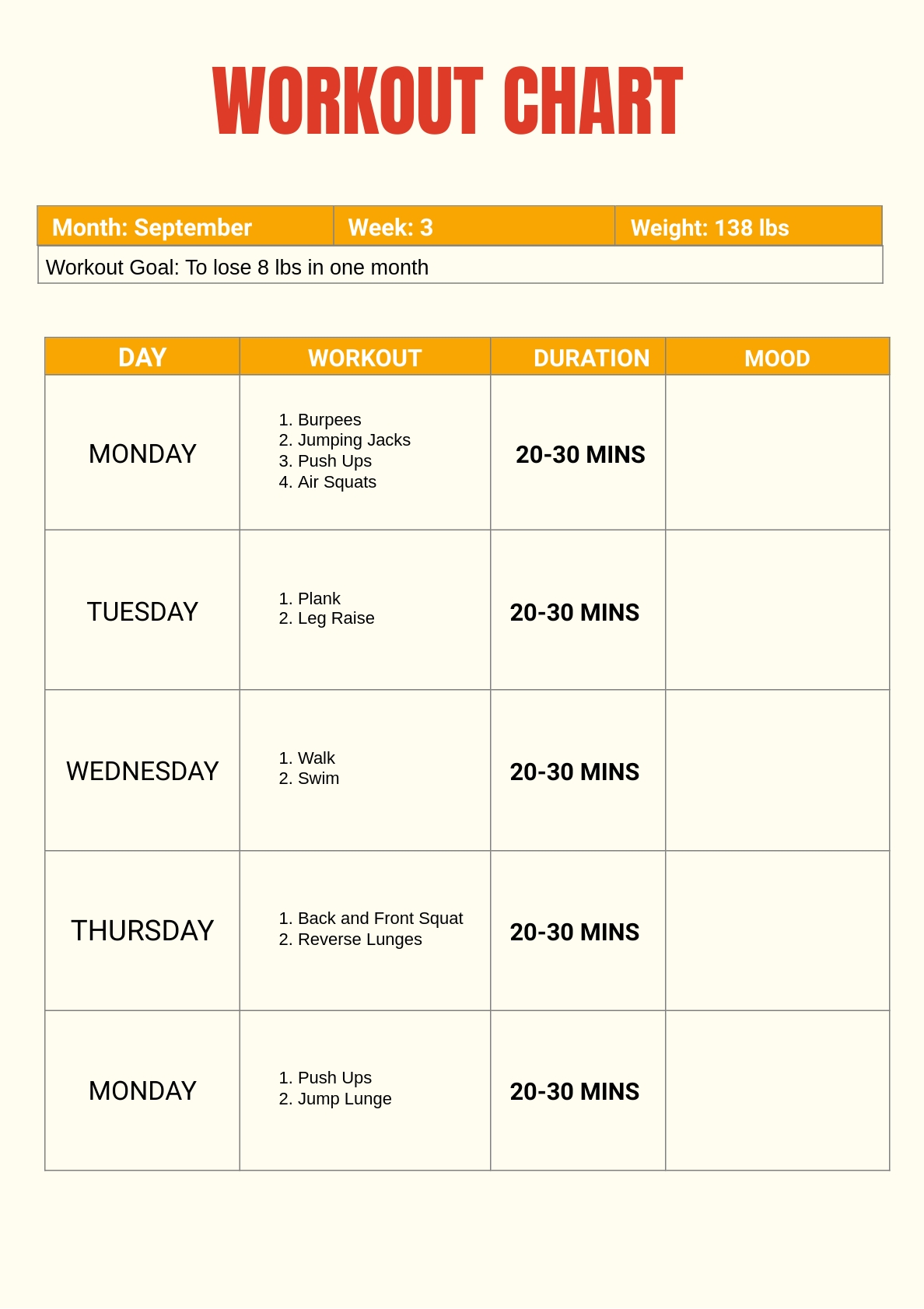 Monthly Workout Plan Template Infoupdate