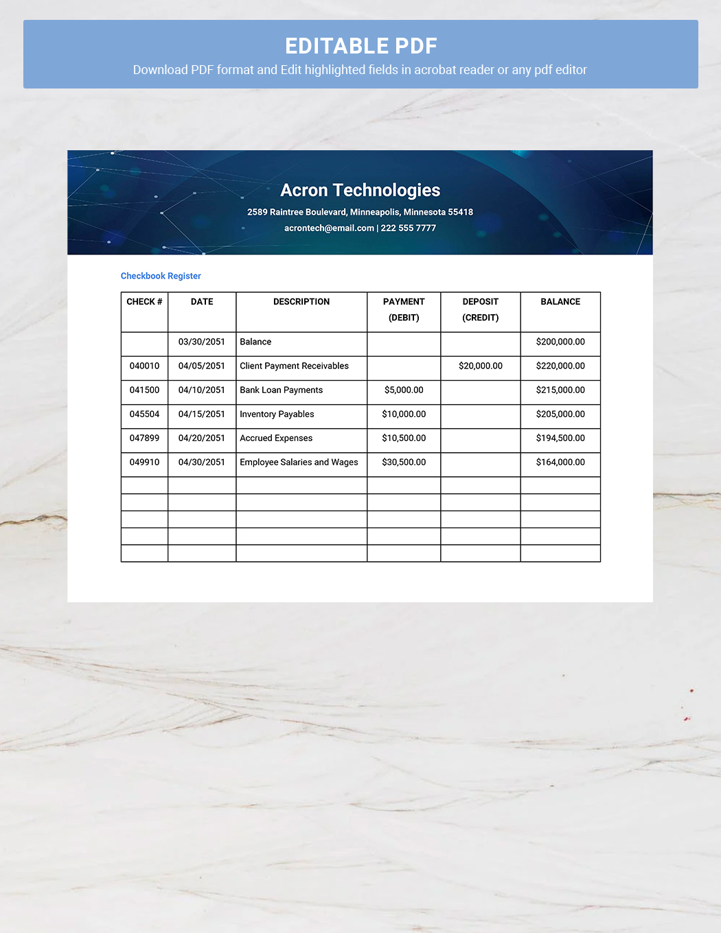 Digital Checkbook Register Template Google Docs, Word
