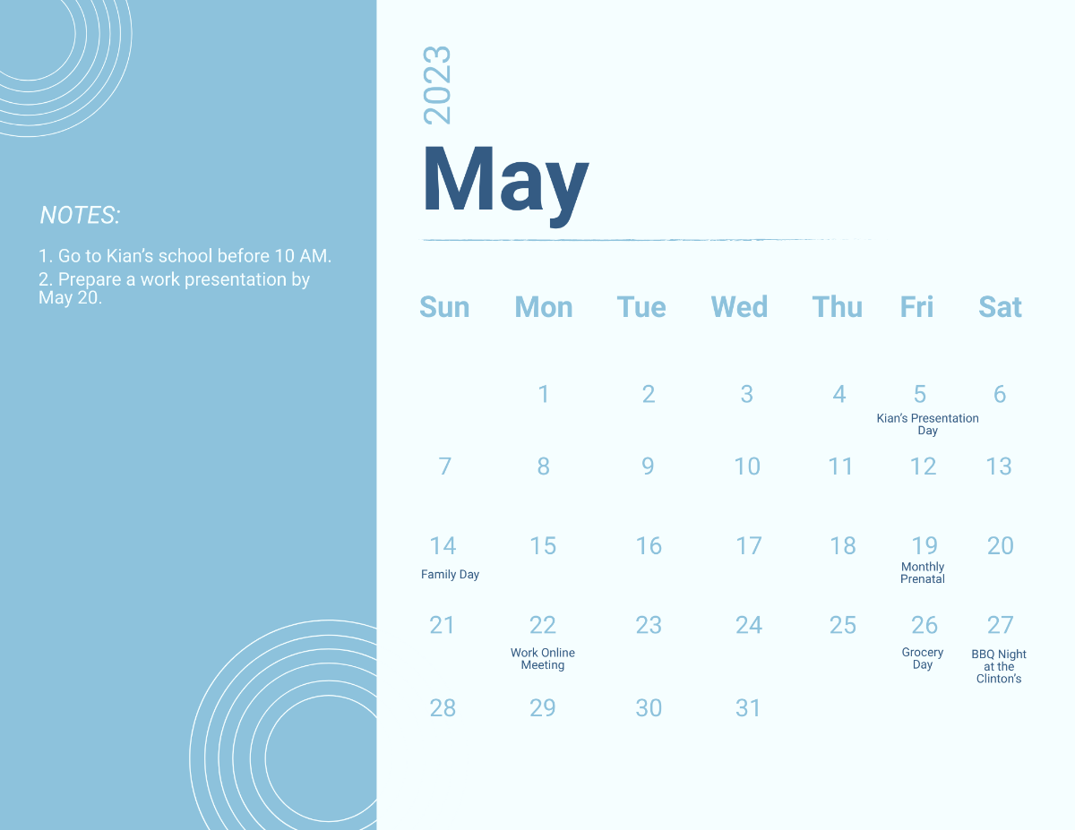 Blue May 2023 Calendar Template