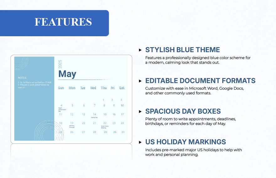 Blue May 2025 Calendar Template