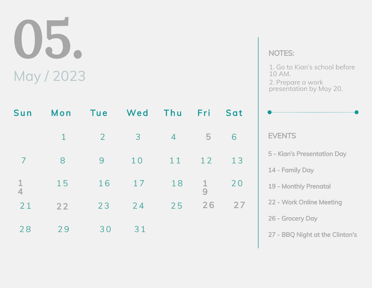 May 2023 Monthly Calendar Template
