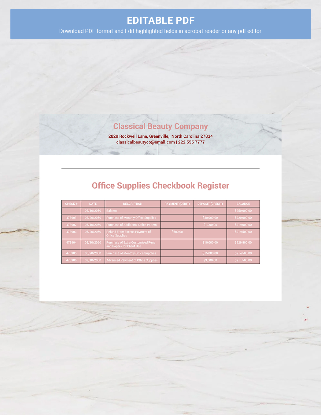 Office Supplies Checkbook Register Template - Google Docs, Word, Apple ...