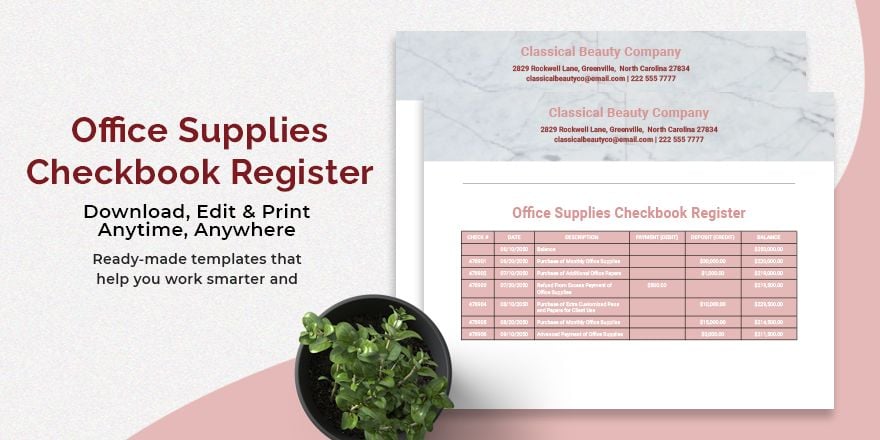 Office Supplies Checkbook Register Template