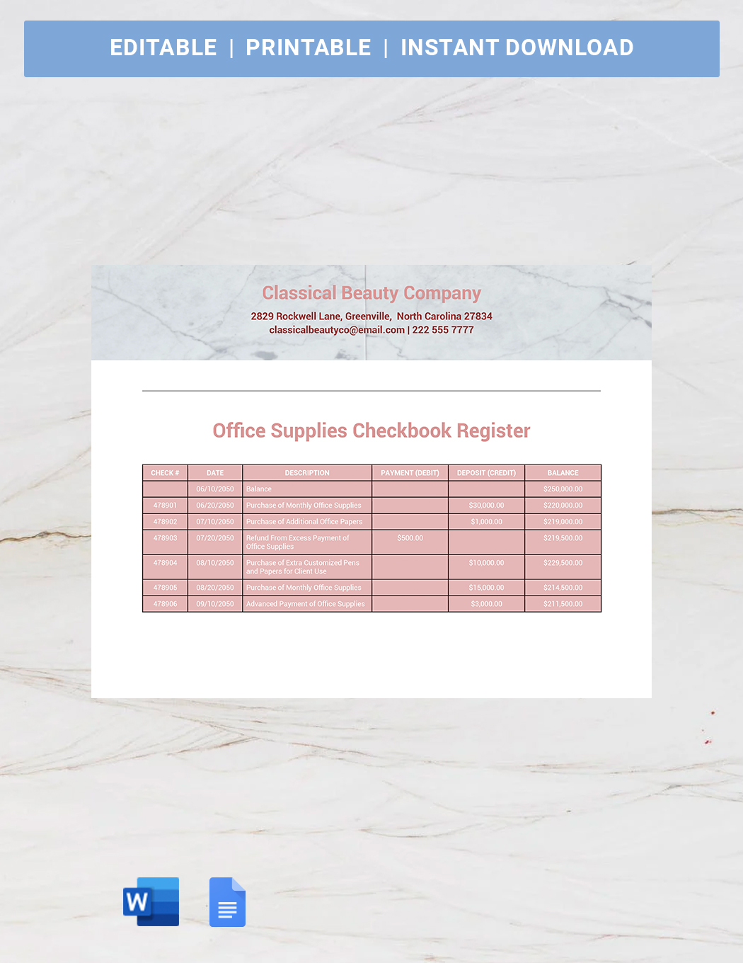 Office Supplies Checkbook Register Template Google Docs, Word, Apple