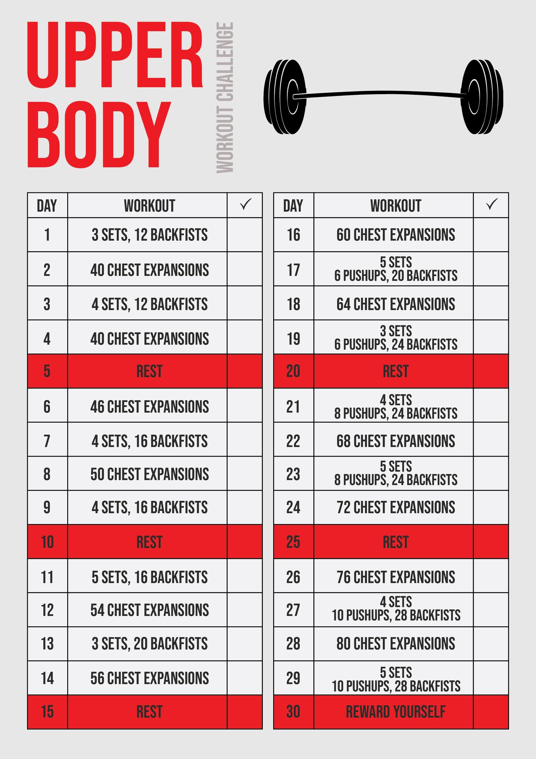 30 Day Upper Body Workout Challenge Chart