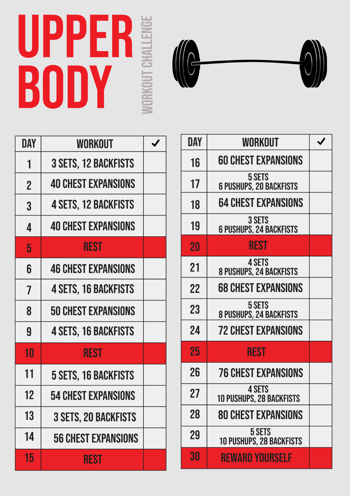 30 Day Upper Body Workout Challenge Chart Template