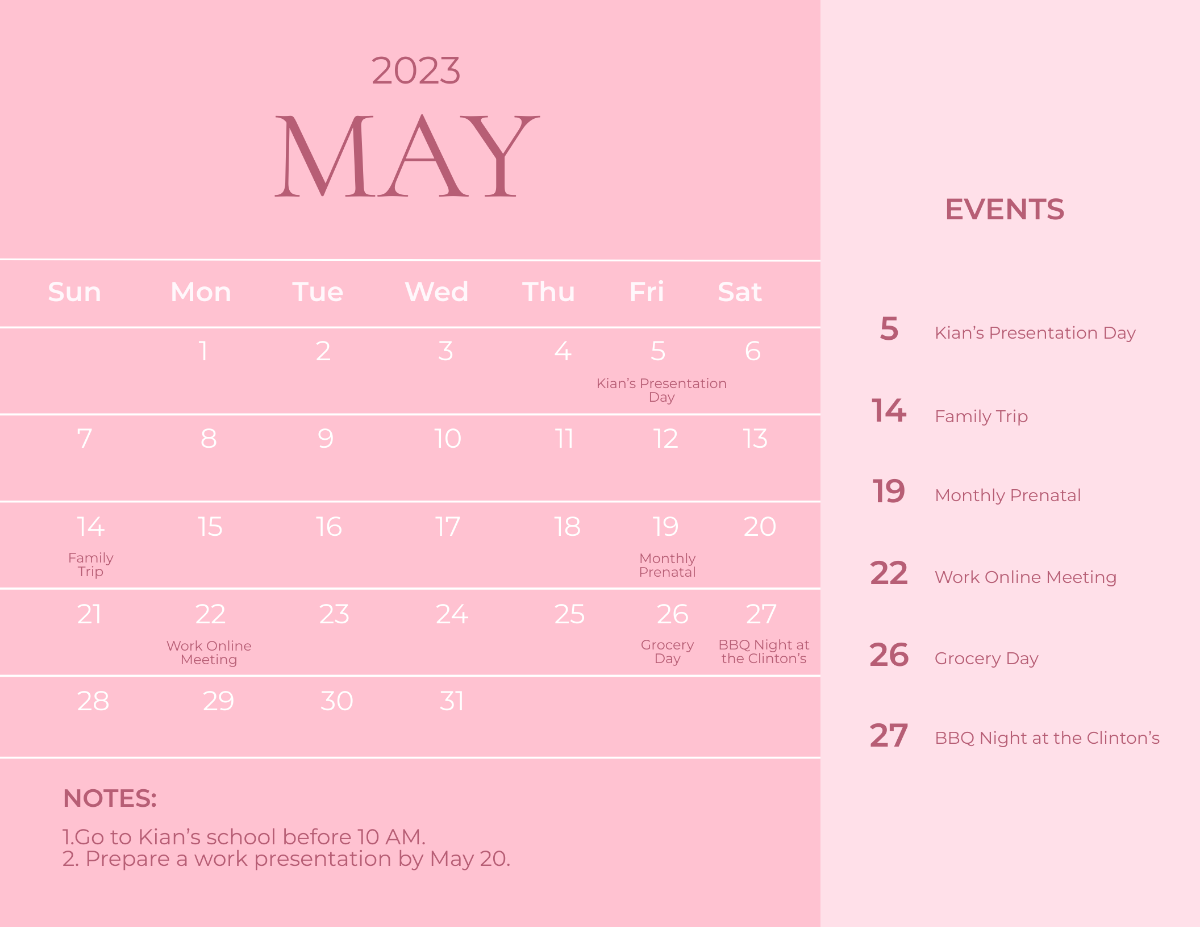 Pink May 2023 Calendar Template