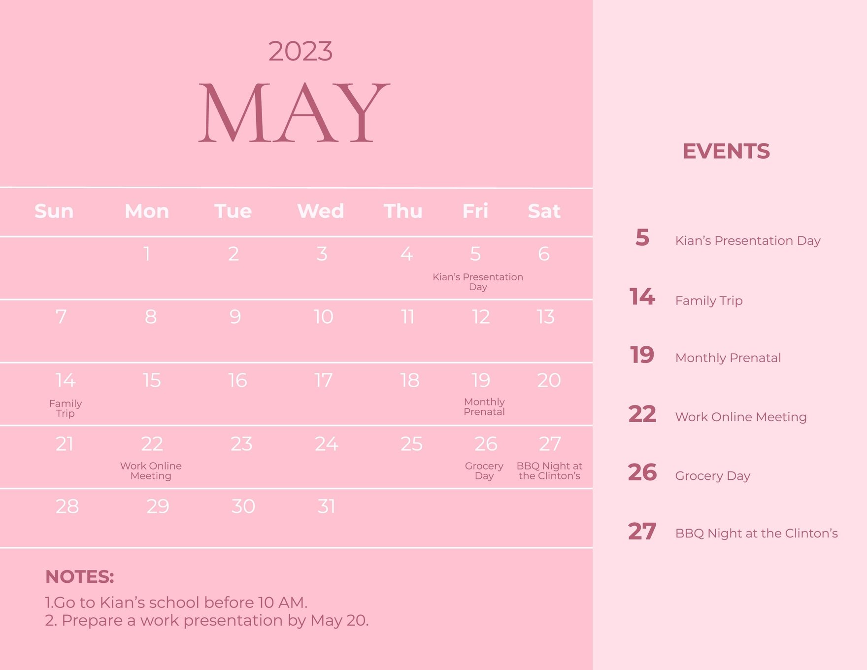 Pink May 2023 Calendar