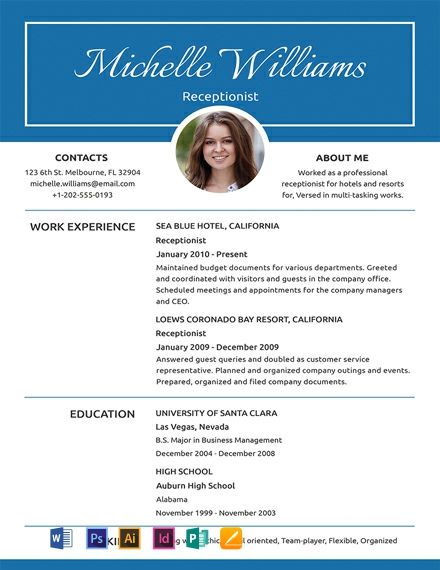 Basic Receptionist Resume Template - Illustrator, InDesign, Word, Apple Pages, PSD, Publisher