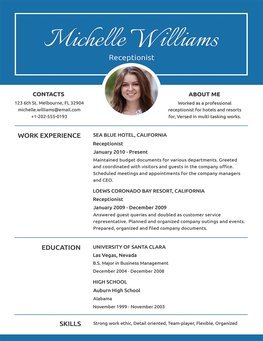 Basic Receptionist Resume in Word, Illustrator, PSD, Apple Pages, Publisher, InDesign