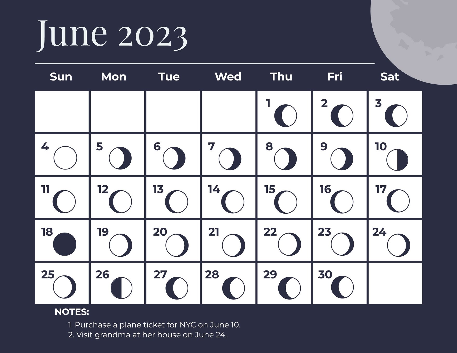 June 2023 Calendar Template With Moon Phases Google Docs, Illustrator