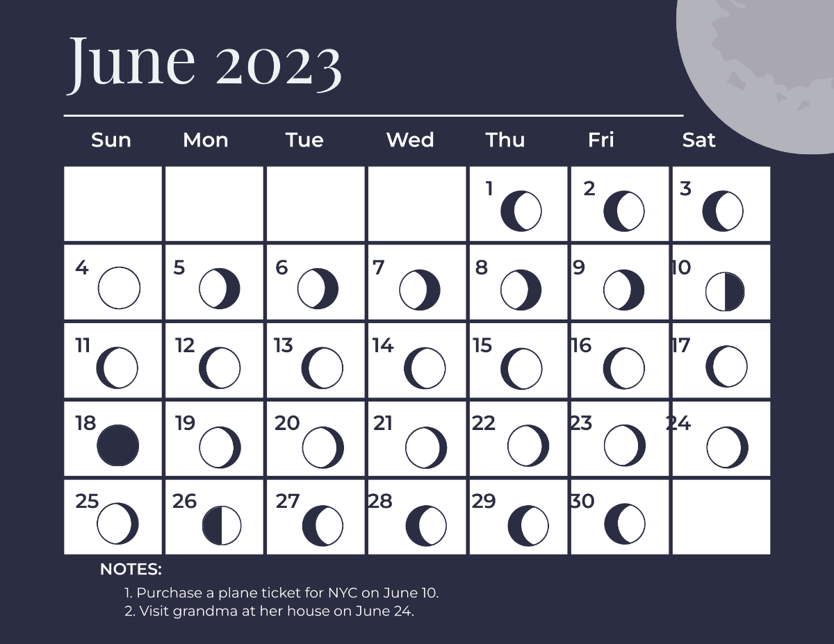 June 2023 Calendar With Moon Phases Template