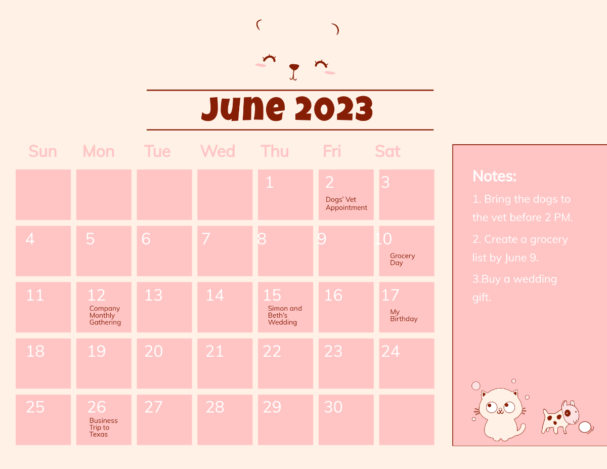Cute June 2023 Calendar Template