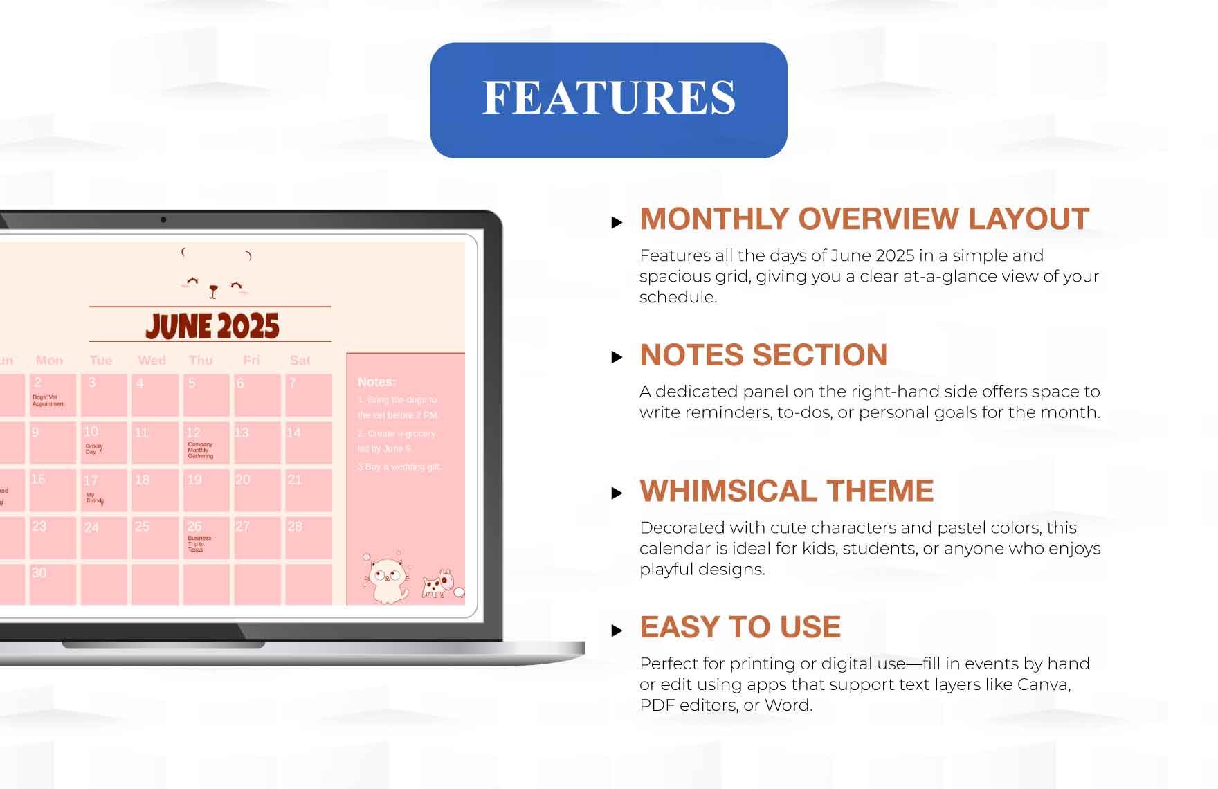 Cute June 2025 Calendar Template