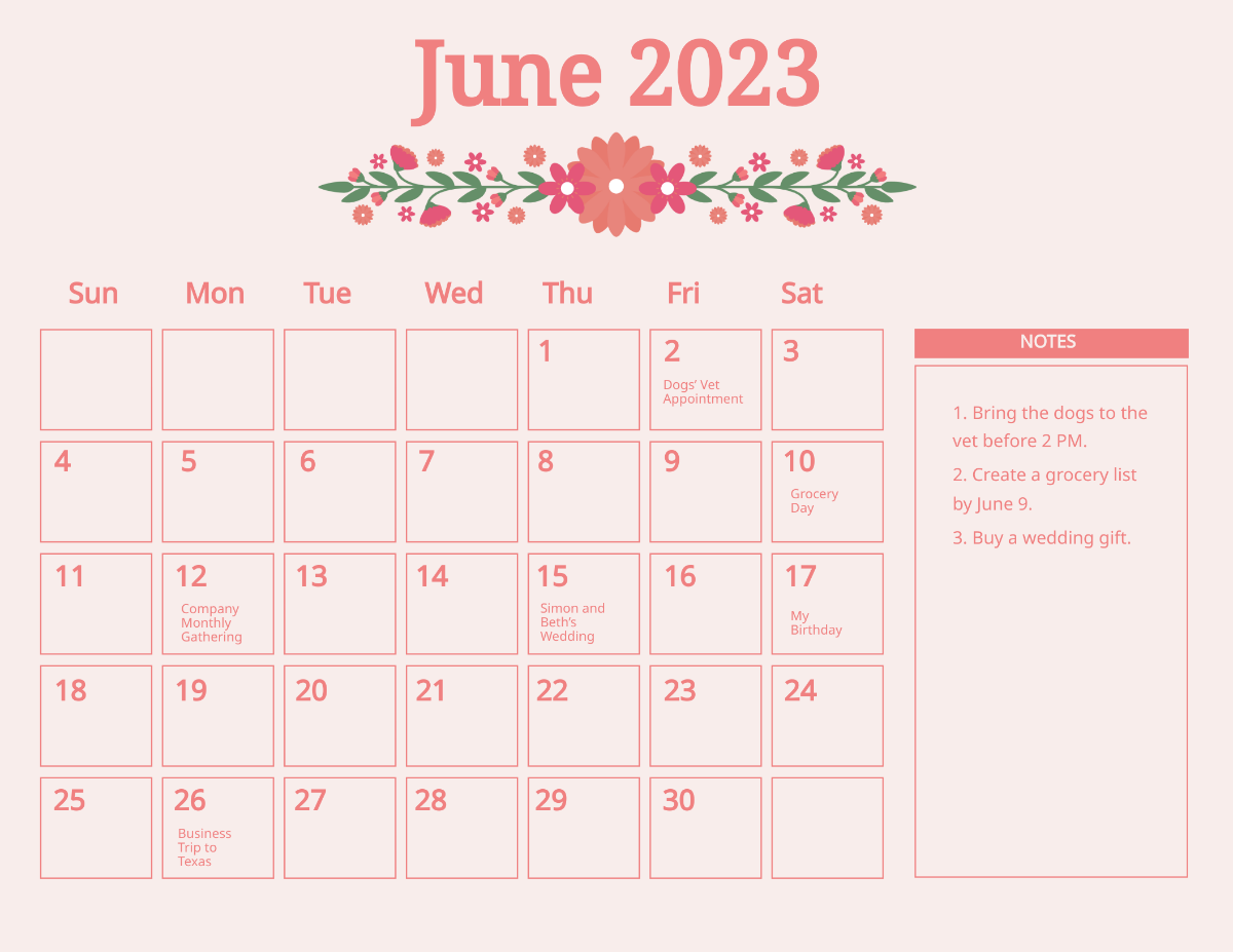 Floral June 2023 Calendar Template